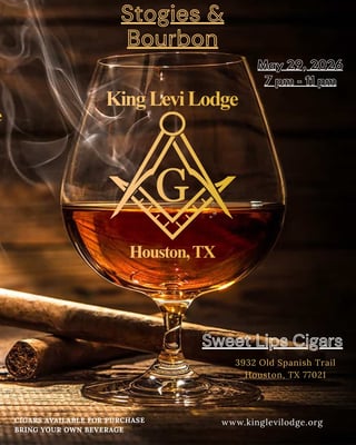 Event poster for Stogies and Bourbon at King Levi Lodge in Houston, TX on May 22, 2026, featuring a glass of bourbon and cigar