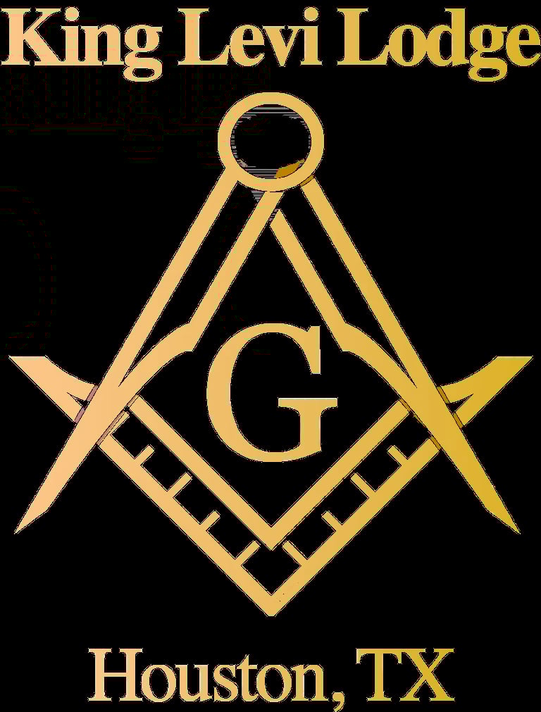 King Levi Lodge Masonic symbol with compass, square, and G in gold, located in Houston, TX